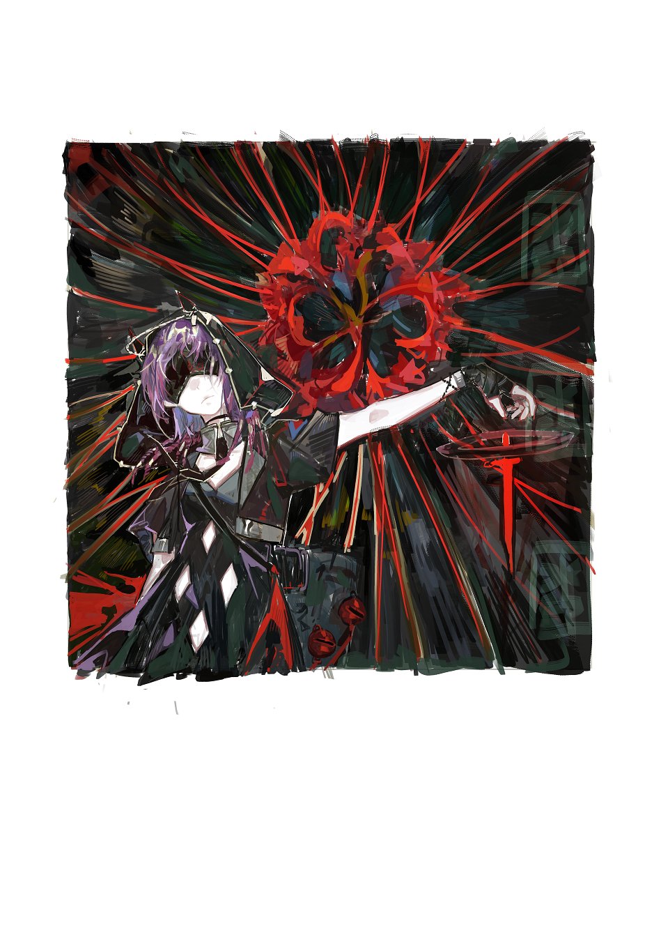 1girl, arknights, black_dress, blindfold, demon_horns, dress, fingerless_gloves, gloves