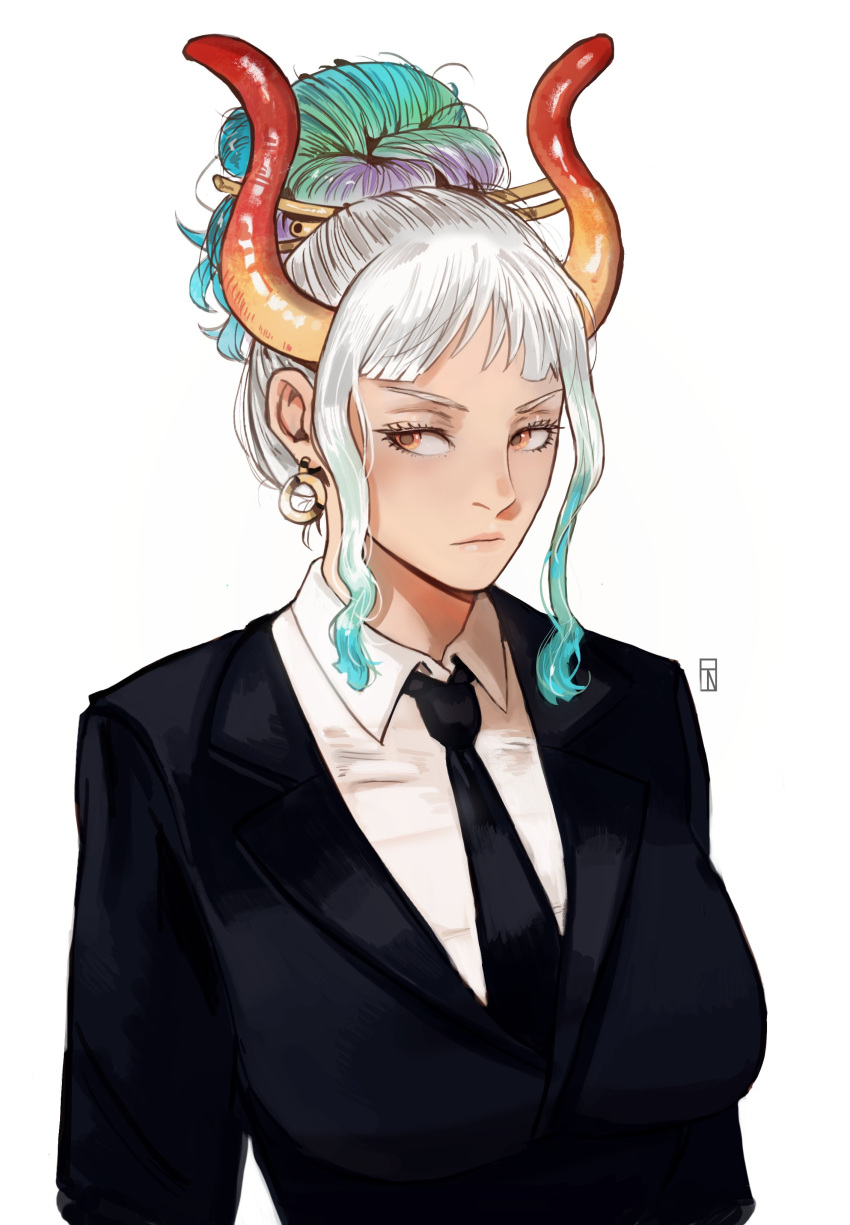1girl, absurdres, alternate_costume, alternate_hairstyle, aqua_hair, arms_at_sides, black_jacket, black_neckwear, closed_mouth, collared_shirt, curled_horns, earrings, expressionless, formal, green_hair, hair_ornament, hair_stick, highres, horns, iago_fn, jacket, jewelry, lips, looking_at_viewer, multicolored_hair, multicolored_horns, necktie, one_piece, orange_eyes, purple_hair, red_horns, shirt, silver_hair, simple_background, solo, suit, suit_jacket, tied_hair, upper_body, white_background, white_shirt, wing_collar, yamato_(one_piece), yellow_horns