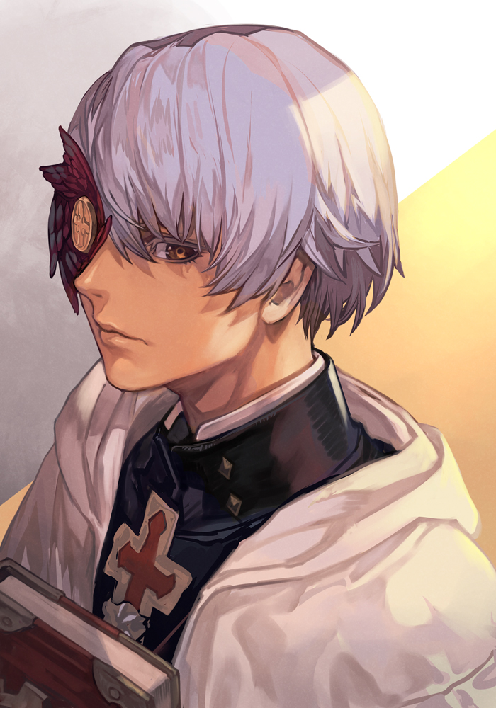 1boy, ano_otoko, book, brown_eyes, closed_mouth, copyright_request, cross, eyepatch