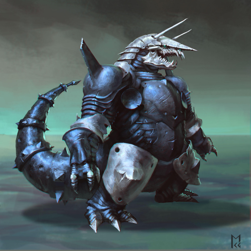 aggron, armor, commentary, english_commentary, gen_3_pokemon, highres, manuel_castanon, no_humans, open_mouth, pokemon, pokemon_(creature), realistic, scratches, signature, standing