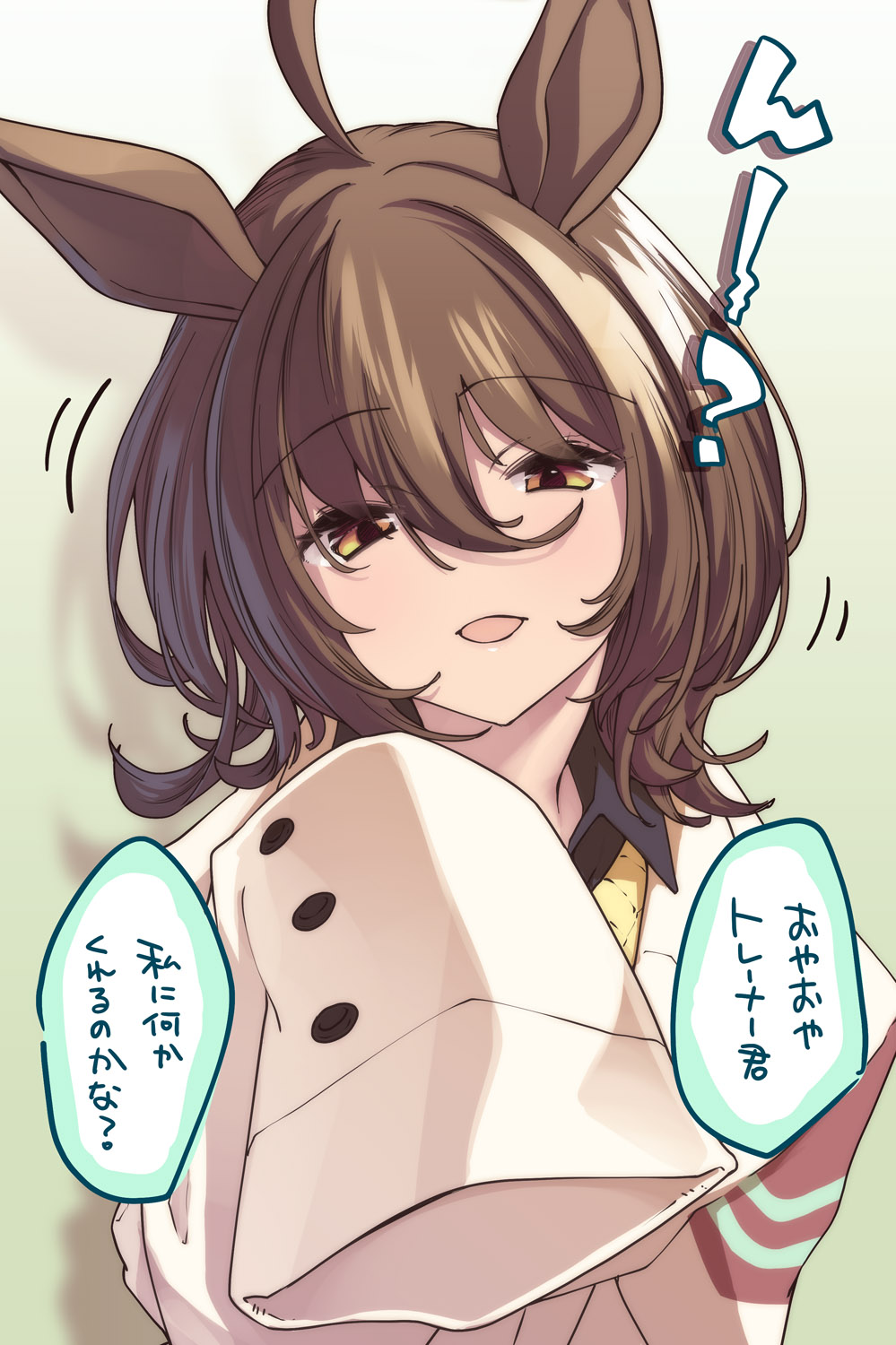 1girl, agnes_tachyon_(umamusume), ahoge, animal_ears, bad_anatomy, bad_neck, brown_eyes, brown_hair