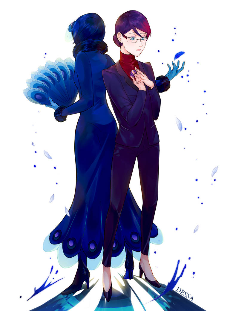 2girls, artist_name, back-to-back, bangs_pinned_back, bird, black_hair, blazer, blue_dress