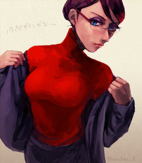1girl, aqua_eyes, bacbac_l, bangs_pinned_back, beige_background, black_hair, black_jacket, breasts, eyelashes, eyeliner, eyeshadow, frown, glasses, hair_bun, highlight, holding, holding_clothes, holding_jacket, jacket, large_breasts, makeup, miraculous_ladybug, multicolored_hair, nathalie_sancoeur, office_lady, purple_eyeshadow, red_sweater, redhead, serious, shirt, streaked_bangs, streaked_hair, sweater, tight, tight_shirt, translation_request, turtleneck, turtleneck_sweater, twitter_username, writing