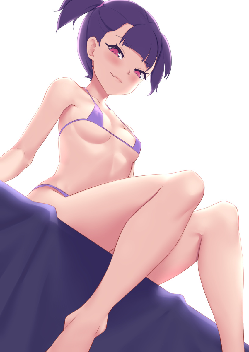 1girl, bare_legs, bare_shoulders, bikini, breasts, closed_mouth, fang, highres