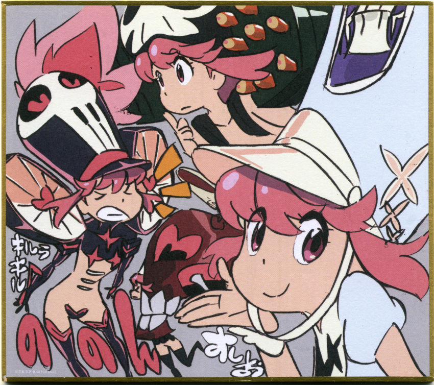 >_<, 1girl, absurdres, akizuki_ryou_(artist), clenched_teeth, grey_background, heart, highres, huge_filesize, jakuzure_nonon, kill_la_kill, looking_at_viewer, multiple_views, not_for_sale, nudist_beach_uniform, official_art, pink_eyes, pink_hair, shikishi, skull, smile, symphony_regalia, teeth, variations