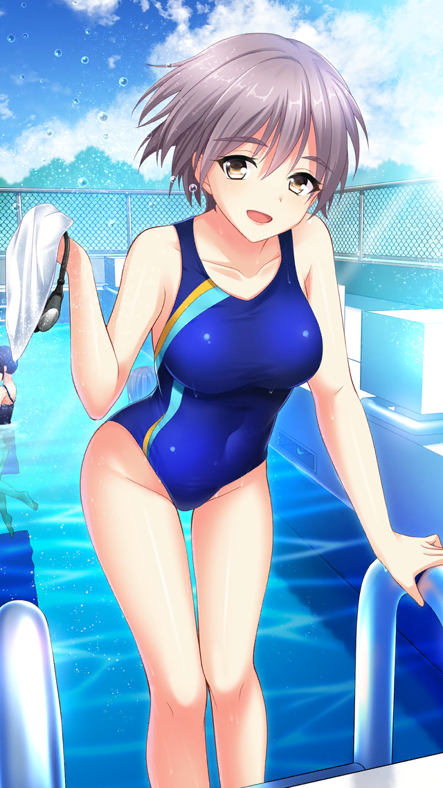 1girl, :d, bangs, blue_swimsuit, breasts, climbing_ladder, collarbone, competition_swimsuit