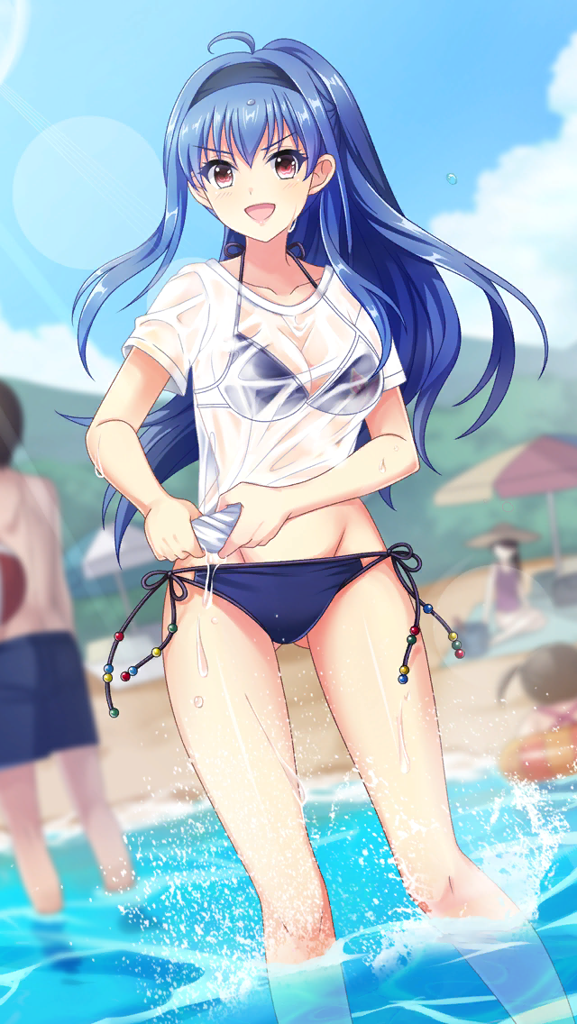 1girl, ahoge, ass_visible_through_thighs, bangs, beach, bikini, bikini_under_clothes, black_hairband, black_ribbon, blue_bikini, blue_hair, blurry, blurry_background, collarbone, day, doukyuusei_another_world, eyebrows_visible_through_hair, floating_hair, game_cg, groin, hair_between_eyes, hairband, halterneck, kakyuusei_2, lens_flare, long_hair, looking_at_viewer, official_art, outdoors, ponytail, red_eyes, ribbon, see-through, shiny, shiny_hair, shirt, short_sleeves, side-tie_bikini, solo_focus, swimsuit, t-shirt, takatoo_nanase, v-shaped_eyebrows, very_long_hair, wading, wet, wet_clothes, wet_shirt, white_shirt