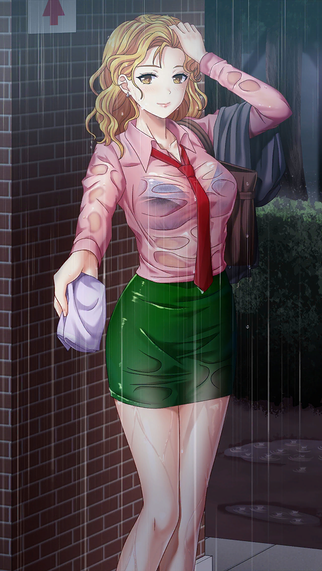 1girl, blonde_hair, blue_bra, bra, breasts, brick_wall, brown_eyes, closed_mouth, collarbone, collared_shirt, curly_hair, doukyuusei_another_world, earrings, game_cg, green_skirt, hand_in_hair, handkerchief, holding, jewelry, kakyuusei, large_breasts, long_hair, long_sleeves, looking_at_viewer, miniskirt, necktie, official_art, outdoors, pencil_skirt, pink_shirt, rain, red_neckwear, see-through, shindou_reiko, shiny, shiny_hair, shirt, skirt, smile, solo, standing, underwear, wet, wet_clothes, wet_hair, wet_shirt, wet_skirt, wing_collar