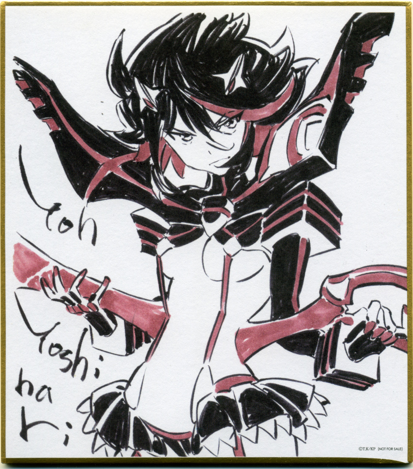 1girl, absurdres, akizuki_ryou_(artist), black_hair, highlights, highres, huge_filesize, kill_la_kill, matoi_ryuuko, matoi_ryuuko_(senketsu_kamui), microskirt, multicolored_hair, not_for_sale, official_art, revealing_clothes, shikishi, short_hair, sideways_glance, skirt, solo, suspenders, two-tone_hair, white_background, white_theme