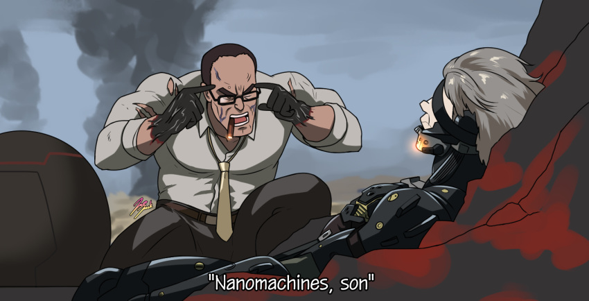 2boys, bodysuit, cyborg, eyepatch, facial_hair, glasses, invincible_(character), invincible_(series), jazz_jack, male_focus, meme, metal_gear_(series), metal_gear_rising:_revengeance, multiple_boys, muscular, nanomachines, necktie, omniman, pants, parody, raiden, shirt, short_hair, steven_armstrong, style_parody, think_mark_think!_(meme), white_hair