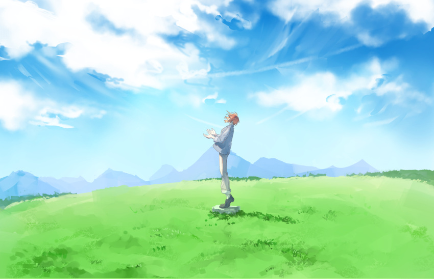 1boy, black_footwear, blue_jacket, blue_sky, clouds, commentary_request, day, ensemble_stars!, grass, grey_pants, hands_up, jacket, male_focus, mountainous_horizon, orange_hair, outdoors, pants, scenery, short_hair, sky, sleeves_rolled_up, solo, standing, tiptoes, tokopent, tsukinaga_leo, wide_shot
