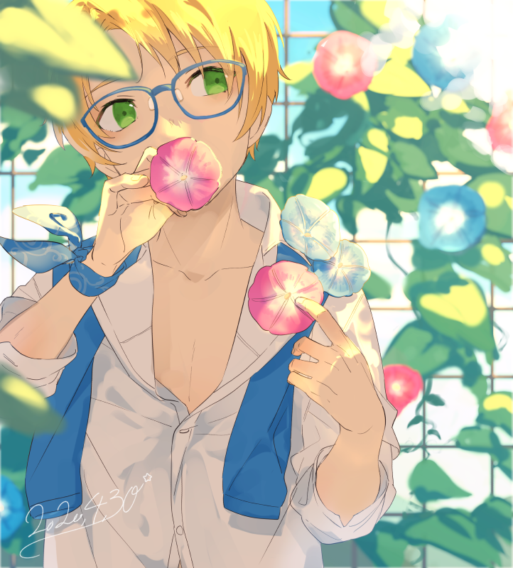 1boy, arm_ribbon, blue_flower, blue_ribbon, blurry, blurry_background, blurry_foreground, collarbone