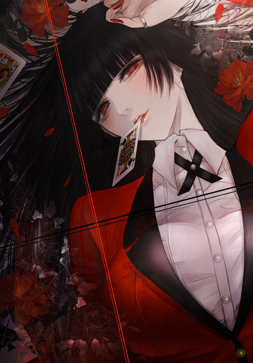 1girl, bangs, black_hair, breasts, highres, hyakkaou_academy_uniform, jabami_yumeko, jack_of_hearts