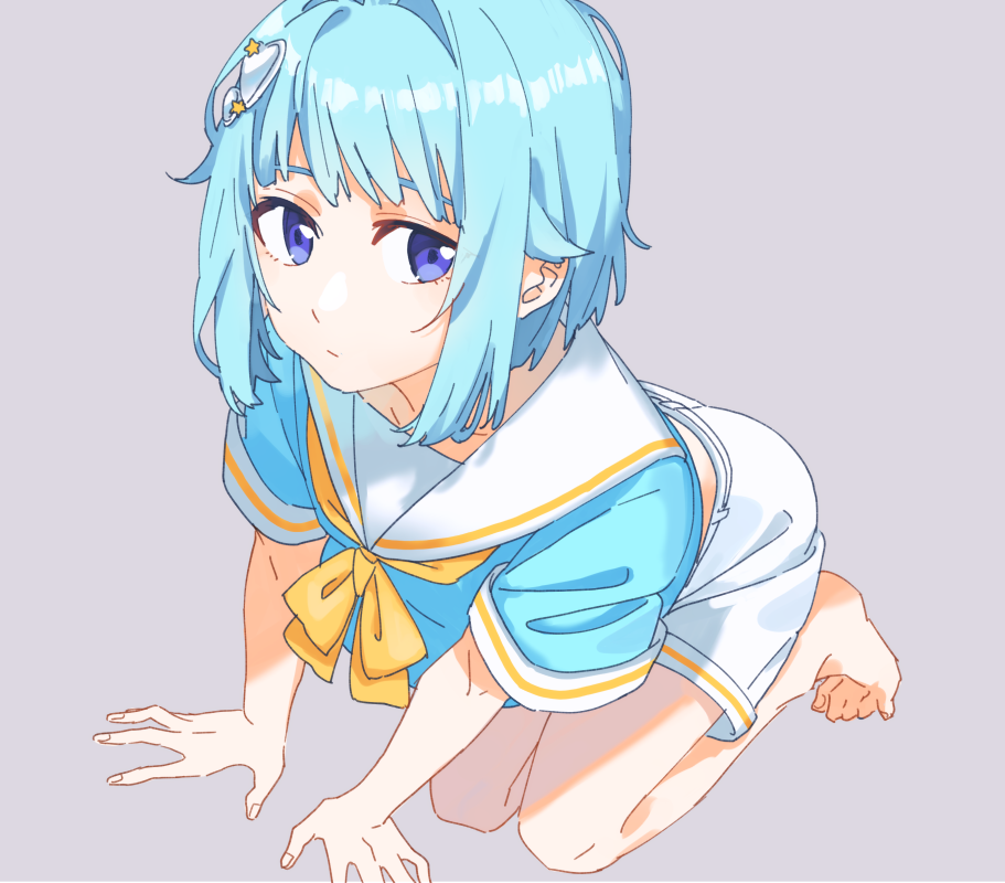 1boy, barefoot, blouse, blue_blouse, blue_eyes, blue_hair, closed_mouth, commentary_request