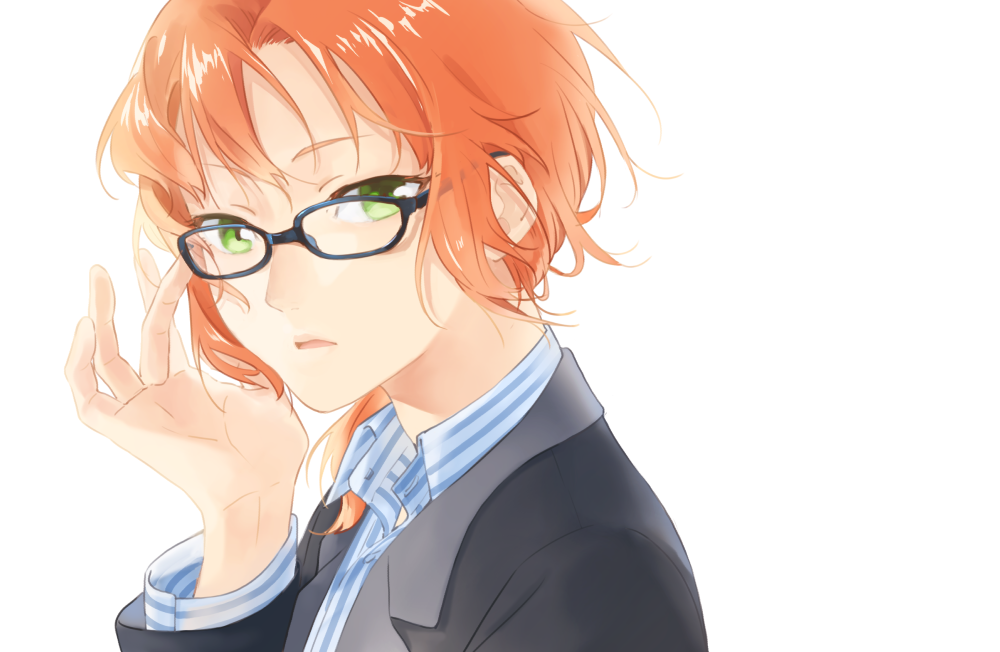 1boy, adjusting_eyewear, bishounen, black_jacket, collared_shirt, commentary_request, ensemble_stars!, glasses, green_eyes, hand_up, jacket, long_hair, looking_at_viewer, male_focus, open_mouth, orange_hair, shirt, simple_background, solo, striped, striped_shirt, suit_jacket, tokopent, tsukinaga_leo, upper_body, white_background