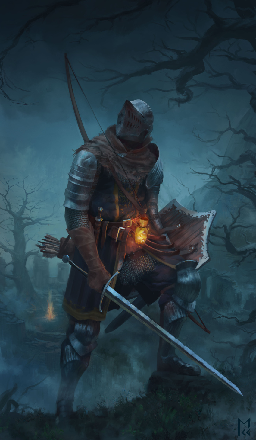 1boy, absurdres, armor, arrow_(projectile), bare_tree, belt, bonfire_(dark_souls), boots