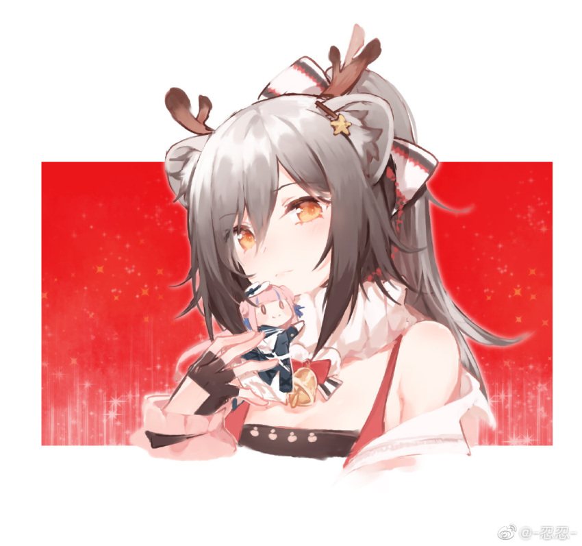 1girl, animal_ear_fluff, animal_ears, antlers, arknights, black_gloves, black_tubetop, bow