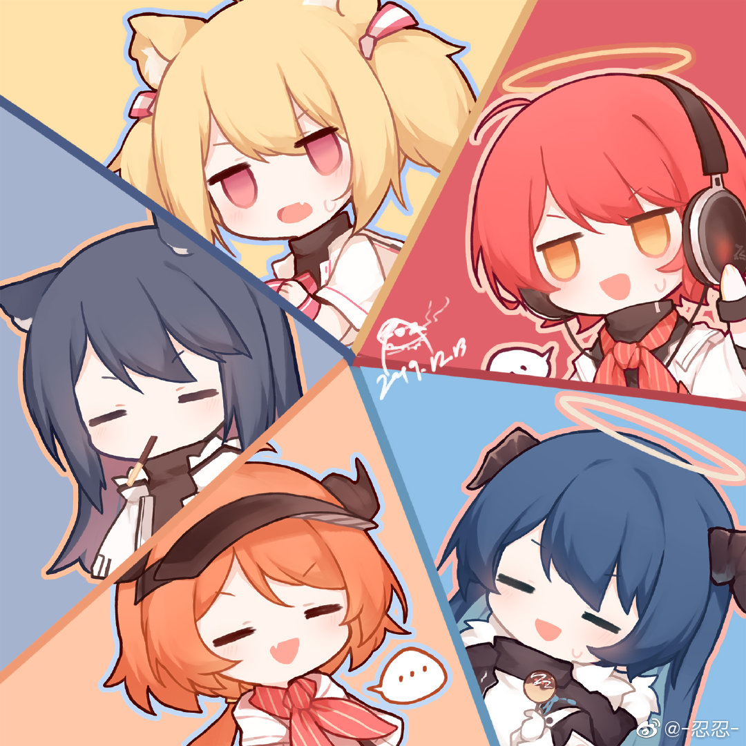 ..., :d, =_=, ahoge, animal_ears, arknights, black_hair, black_jacket, black_shirt, blonde_hair, blue_background, blue_hair, blue_outline, chibi, cow_horns, croissant_(seven_am)_(arknights), dated, demon_horns, exusiai_(arknights), exusiai_(city_rider)_(arknights), fang, food, fur-trimmed_hood, fur_trim, halo, headphones, holding, holding_food, hood, horns, jacket, long_hair, mostima_(arknights), mouth_hold, multicolored_hair, official_alternate_costume, open_mouth, orange_background, orange_hair, orange_outline, outline, pocky, ponytail, red_background, red_eyes, red_neckwear, redhead, renren, shirt, short_hair, skin_fang, smile, sora_(arknights), speech_bubble, spoken_ellipsis, sweatdrop, takoyaki, texas_(arknights), texas_(winter_messenger)_(arknights), the_emperor_(arknights), two-tone_hair, visor_cap, weibo_username, white_jacket, white_shirt, wolf_ears, yellow_background, yellow_eyes, yellow_outline