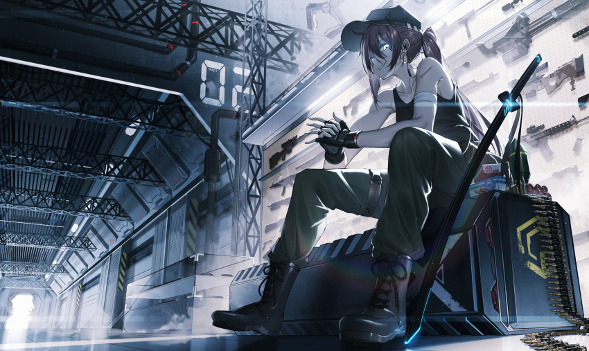 1girl, ammunition_belt, baseball_cap, blue_eyes, boots, collarbone, combat_boots, cross-laced_footwear