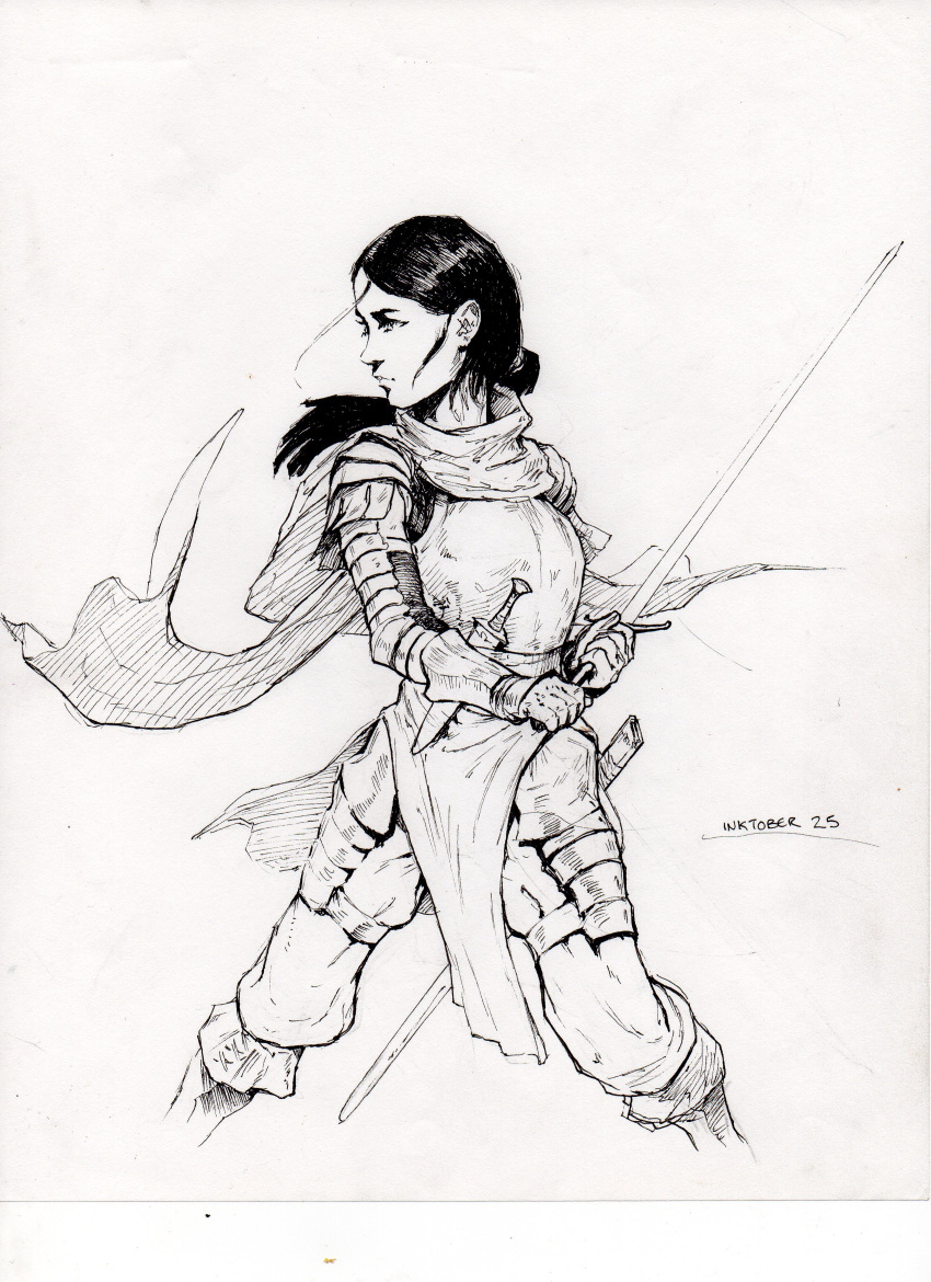 1girl, absurdres, armor, boots, breastplate, closed_mouth, commentary, dagger