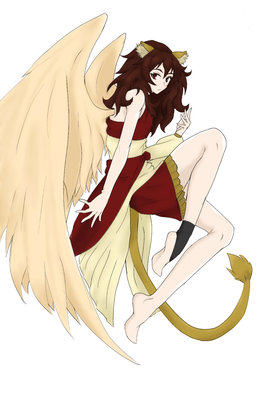 animal_ears, brown_hair, dress, highres, lamassu, lion_ears, lion_tail, red_eyes