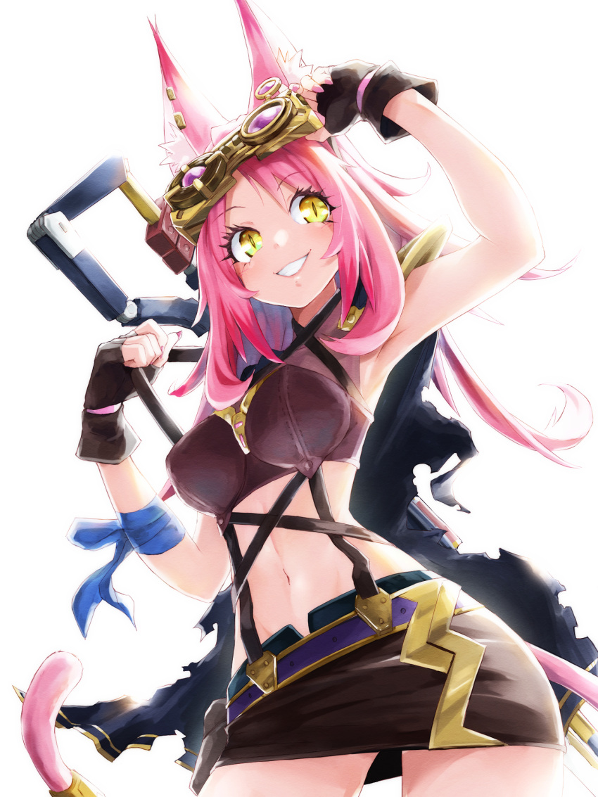 1girl, adjusting_goggles, animal_ears, armor, bangs, black_cape, black_gloves, black_shirt