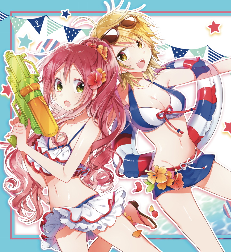 2girls, :d, akashi_shouko, anchor_symbol, bangs, banner, bikini, bikini_bottom, blonde_hair, blush, commentary, couple, cowboy_shot, eyebrows_visible_through_hair, eyes_visible_through_hair, eyewear_on_head, flower, frilled_bikini, frills, furuyashiki_seri, futaribeya, hair_between_eyes, hair_flower, hair_ornament, happy, innertube, long_hair, multicolored, multicolored_bikini, multicolored_clothes, multiple_girls, navel, open_mouth, panties, pantyshot, petals, pointy_hair, ponytail, redhead, sandals, short_hair, sidelocks, smile, star_(symbol), stomach, sunglasses, swept_bangs, swimsuit, underwear, water, water_gun, wavy_hair, white_bikini, yellow_eyes, yukiko_(tesseract)