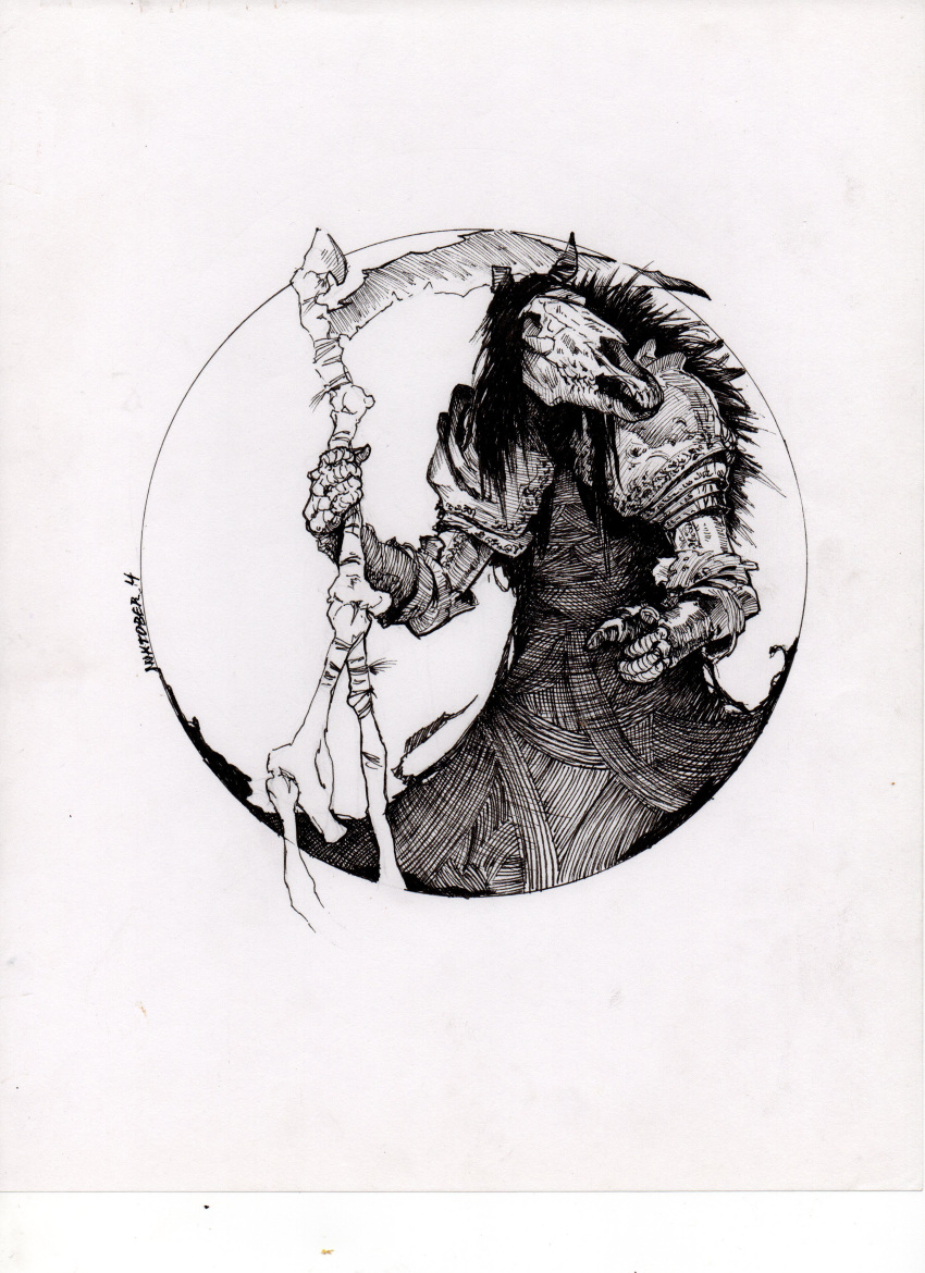 1other, absurdres, animal_skull, armor, commentary, english_commentary, gauntlets, greyscale
