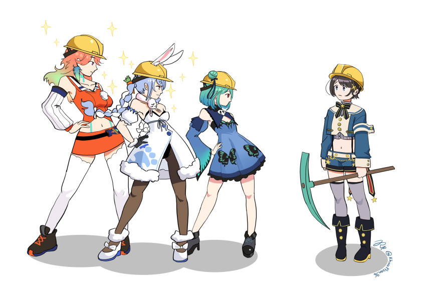 absurdres, animal_ear_fluff, animal_ears, bangs, bare_shoulders, black_hair, blue_hair, boots