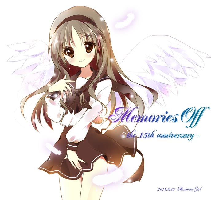 1girl, angel, angel_wings, black_hairband, brown_eyes, brown_hair, feathers, hairband