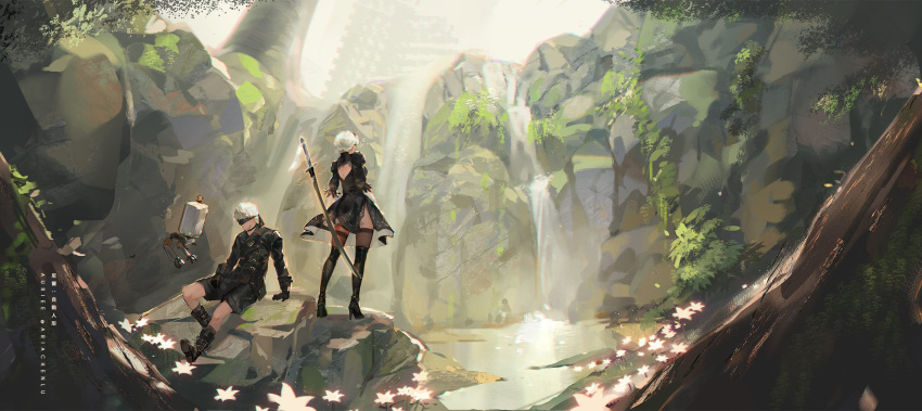1boy, 1girl, ariachenlu, back_cutout, black_blindfold, black_dress, black_gloves, black_hairband