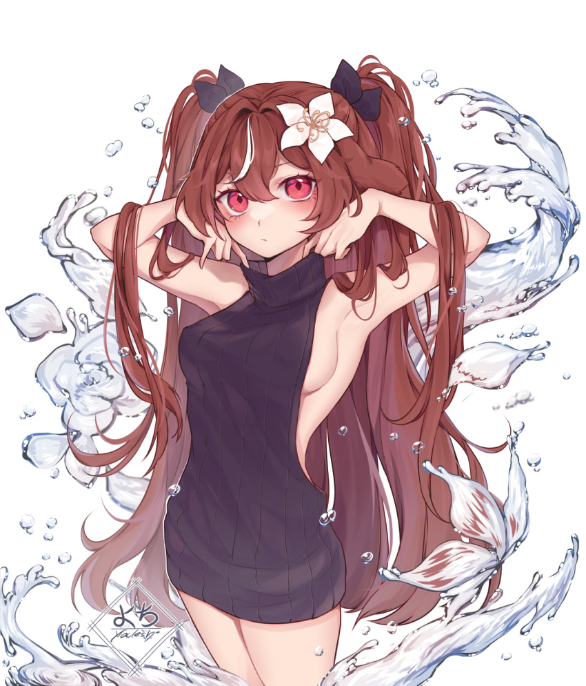 1girl, armpits, arms_up, backless_outfit, bare_arms, bare_shoulders, black_sweater, breasts