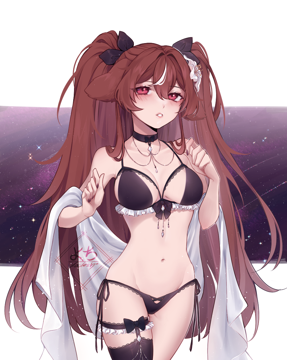 1girl, animal_ears, bare_shoulders, black_bra, black_choker, black_legwear, black_panties, bra