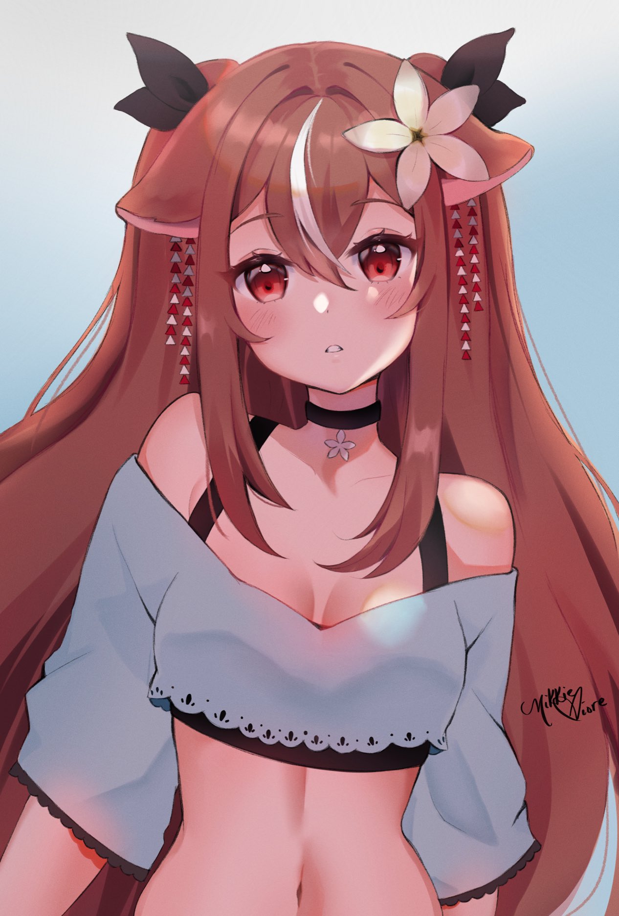1girl, animal_ears, bare_shoulders, black_choker, black_shirt, blue_shirt, breasts, brown_hair
