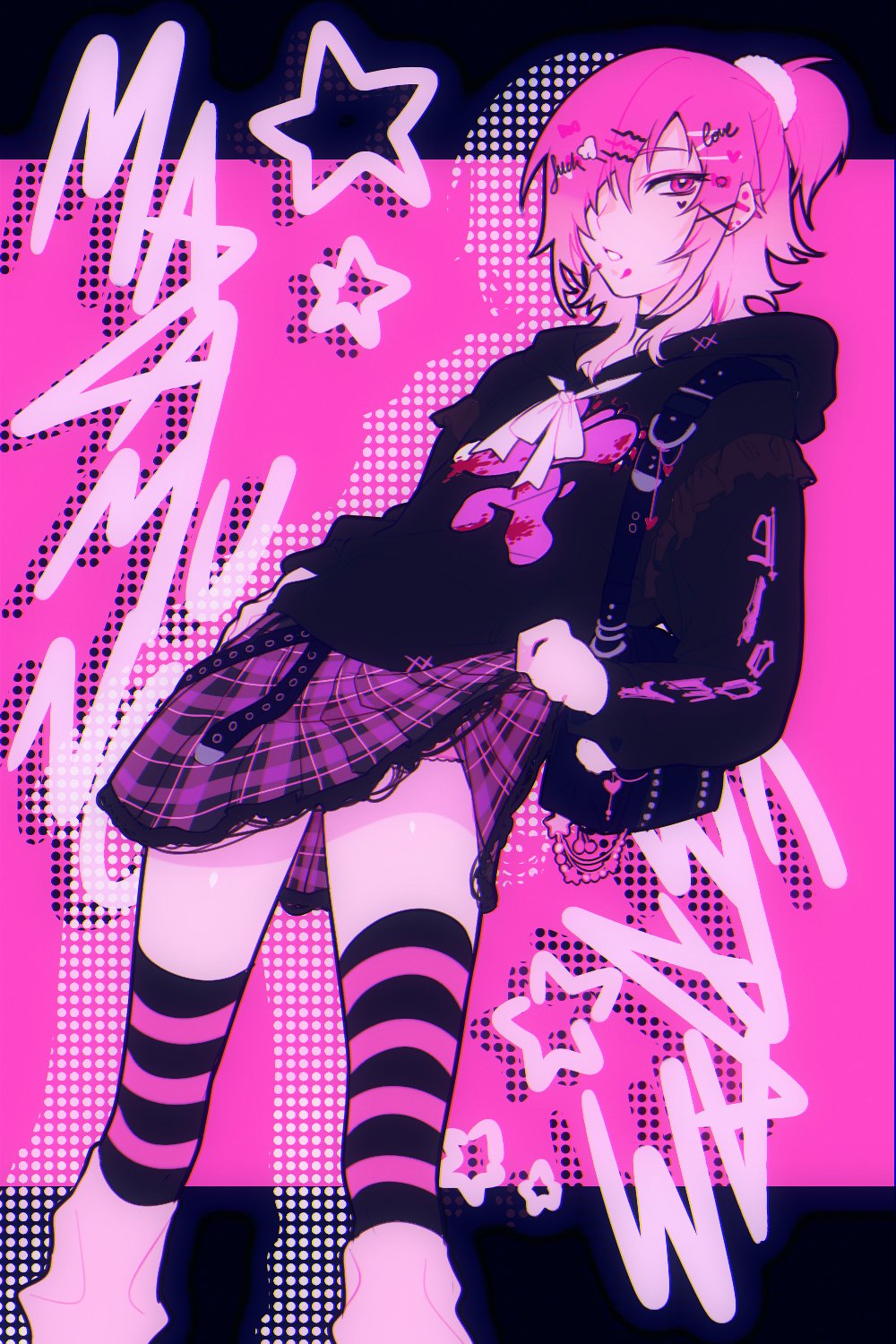 1boy, artist_name, bag, beads, belt, black_hoodie, black_legwear, bow