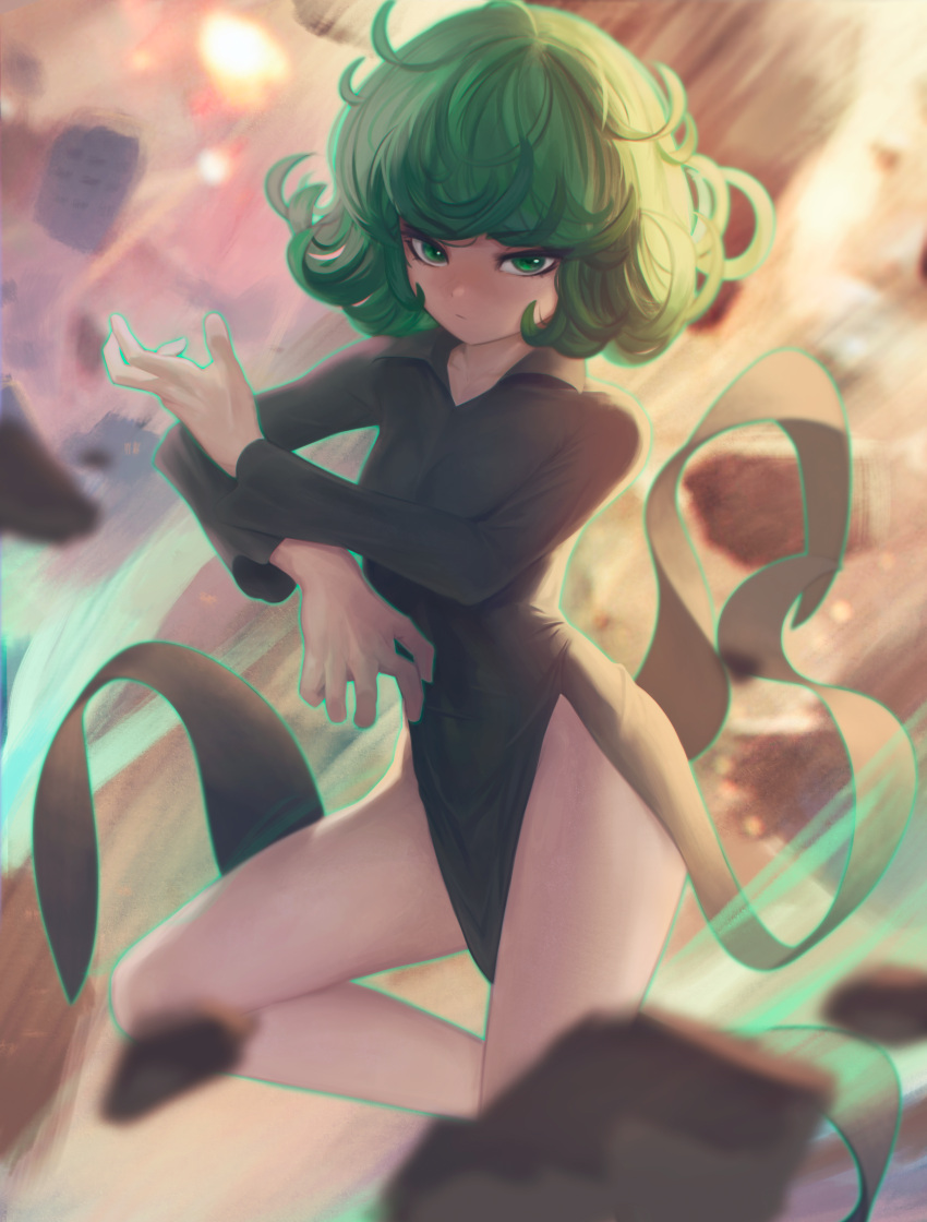 1girl, absurdres, bangs, black_dress, blush, breasts, collarbone, collared_dress