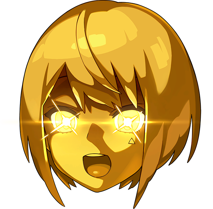 1girl, artist_request, bangs, blonde_hair, bob_cut, colored_sclera, colored_skin, disembodied_head, face, facial_mark, glowing, glowing_eyes, gold, non-web_source, official_art, open_mouth, pictoria, shiny, shiny_hair, short_hair, sidelocks, solo, teeth, towa_kiseki, transparent_background, triangle, virtual_youtuber, world_flipper, yellow_eyes, yellow_sclera, yellow_skin, yellow_theme