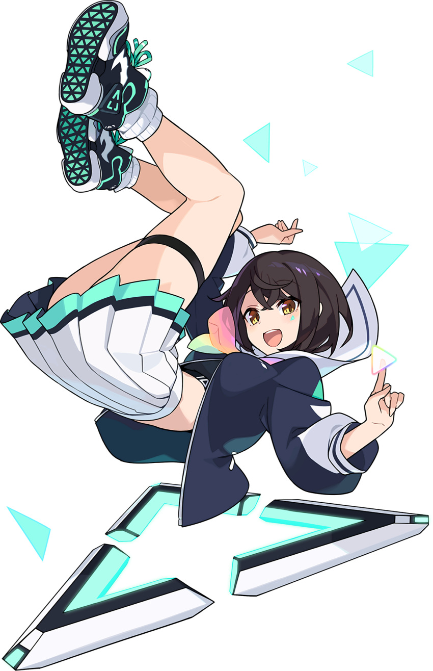 1girl, aqua_neckwear, arm_up, artist_request, ass, blue_jacket, blush, bob_cut