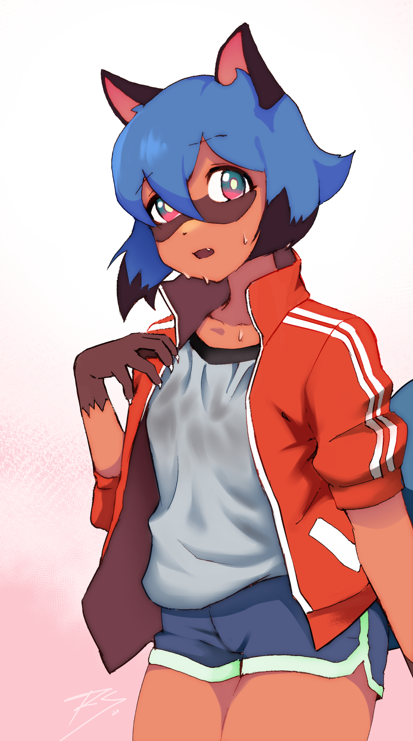 1girl, animal_ears, blue_hair, brand_new_animal, dolphin_shorts, furry, highres, jacket