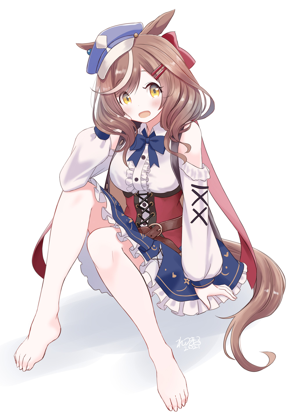 1girl, :d, animal_ears, bare_shoulders, barefoot, blue_bow, blue_neckwear, bow