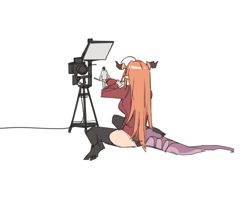 1girl, ahoge, black_legwear, camera, character_doll, doll, dragon_girl, dragon_horns, dragon_tail, english_commentary, from_behind, highres, holding, holding_doll, hololive, horns, jacket, kiryu_coco, kiryuu_kazuma, long_hair, long_sleeves, looking_at_object, no_shoes, official_alternate_costume, orange_hair, pointy_ears, red_jacket, ryuu_ga_gotoku, sidelocks, simple_background, sitting, sketch, solo, tail, thigh-highs, track_jacket, virtual_youtuber, wariza, white_background, xiaoju_xiaojie