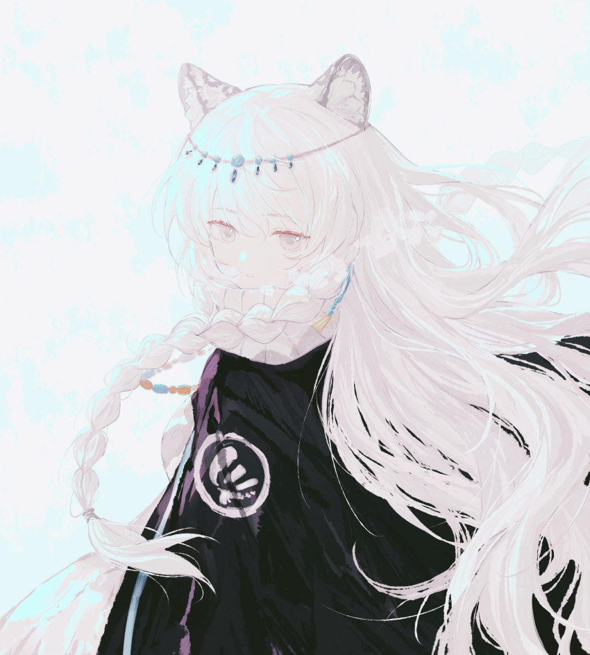 1girl, animal_ears, arknights, black_cape, braid, cape, chinese_commentary, commentary, grey_eyes, head_chain, highres, leopard_ears, long_hair, looking_at_viewer, pramanix_(arknights), shudabingganjiushiyaotian, silver_hair, solo, very_long_hair