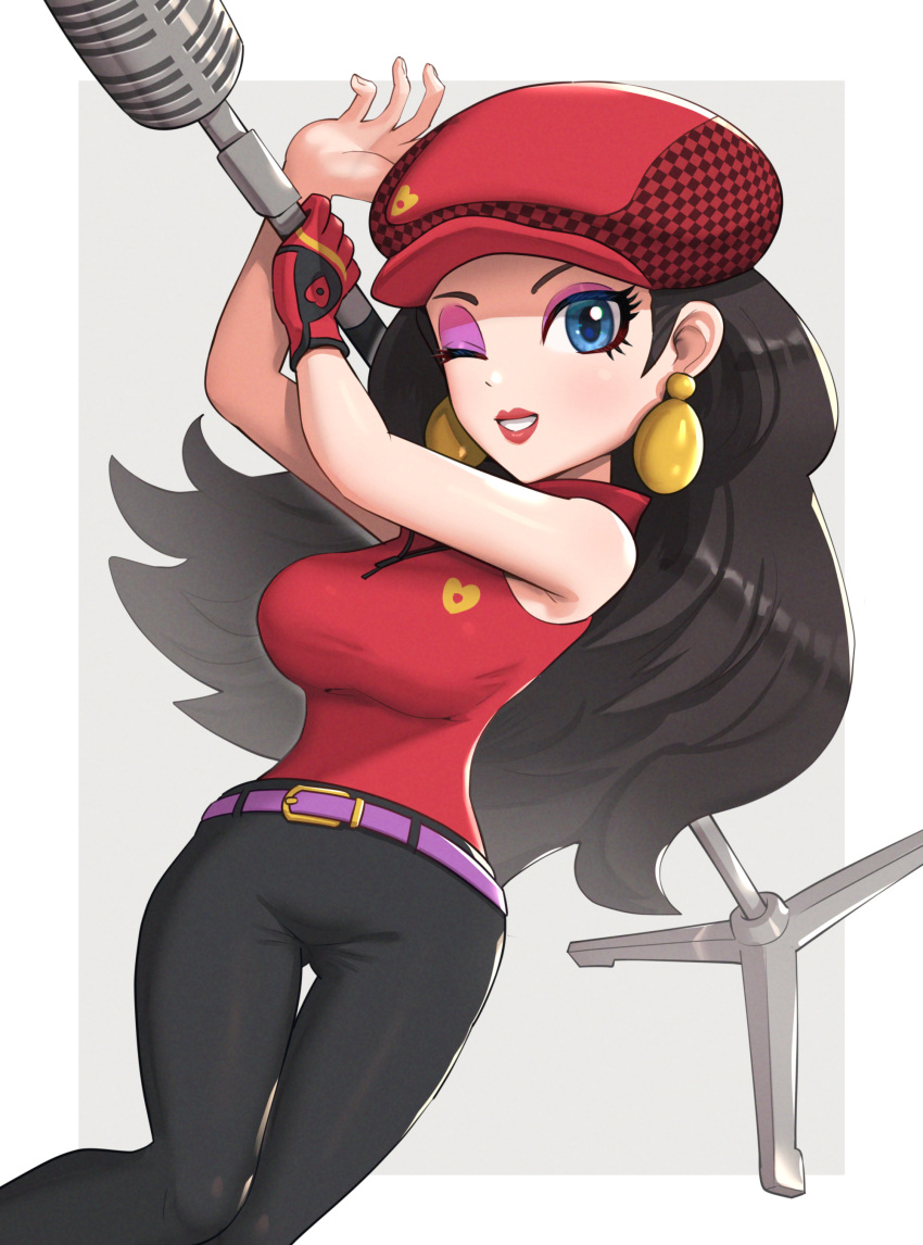 1girl, absurdres, black_hair, black_pants, blue_eyes, breasts, earrings, eyeshadow