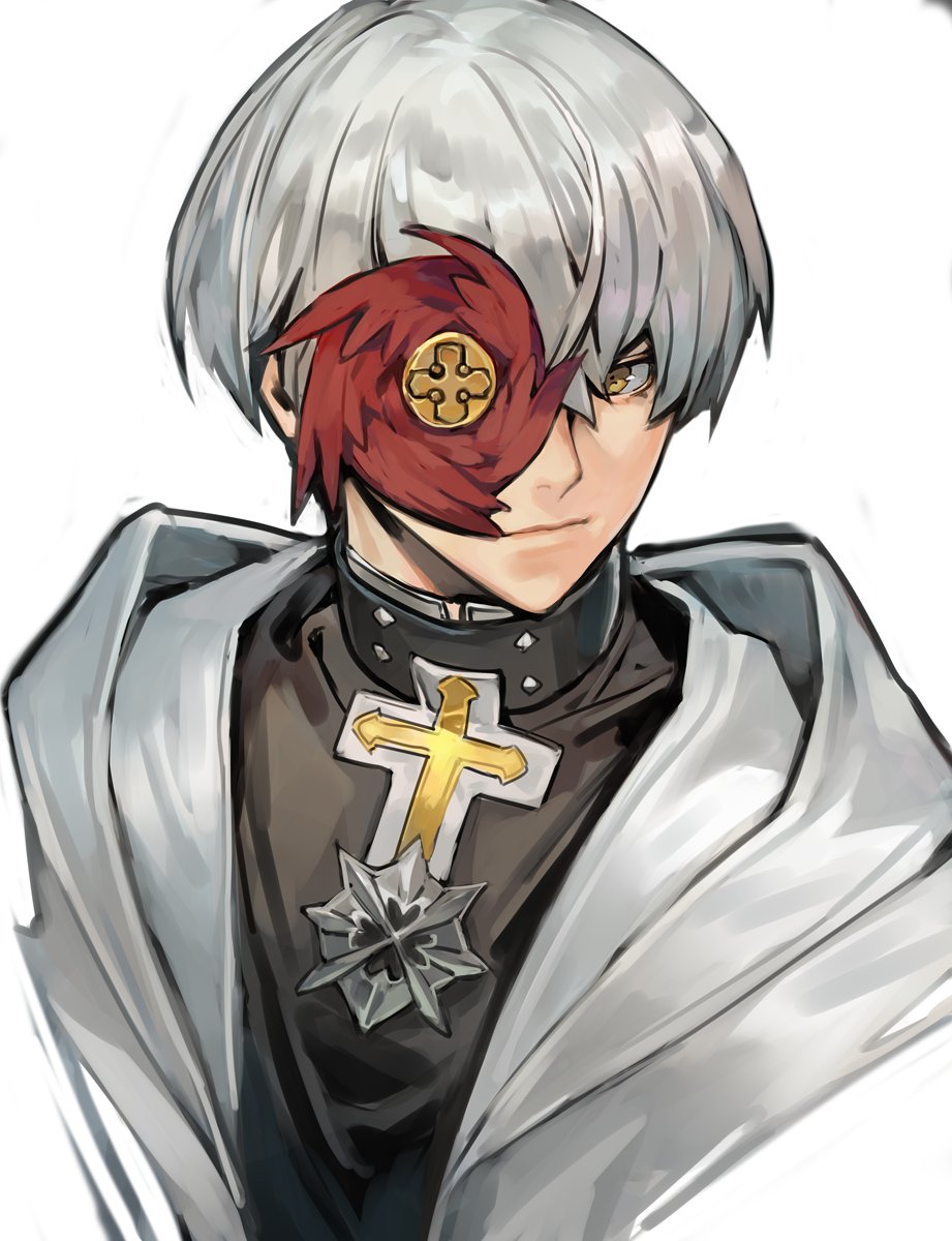 1boy, ano_otoko, cross, eyepatch, guilty_gear, guilty_gear_strive, highres, looking_at_viewer, male_focus, one_eye_covered, portrait, short_hair, silver_hair, solo_focus, uncle_rabbit_ii, upper_body, yellow_eyes