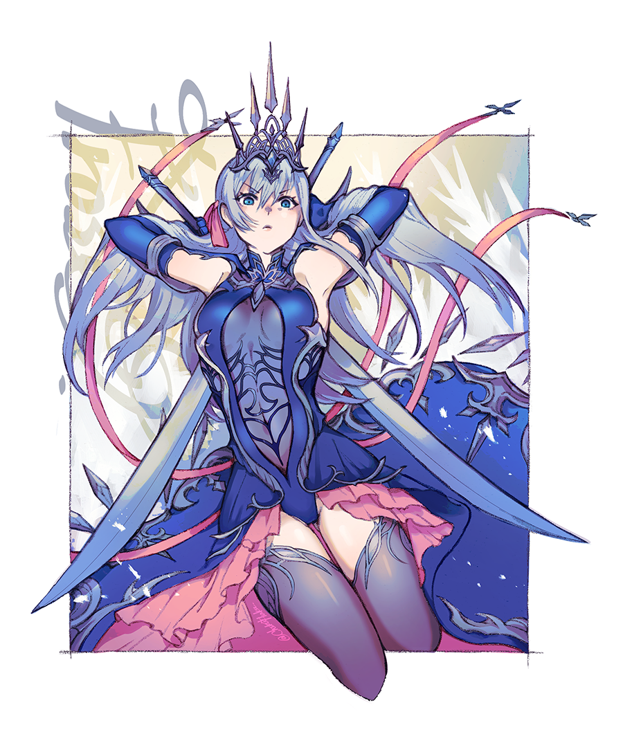 1girl, arms_up, blue_dress, blue_eyes, blue_gloves, blue_hair, blue_leotard, bow, chikuihaku, closed_mouth, dress, dual_wielding, duplicate, elbow_gloves, eyebrows_visible_through_hair, final_fantasy, final_fantasy_xiv, frills, gloves, hair_bow, holding, holding_weapon, ice, leotard, light_blush, long_hair, navel, pink_bow, pixel-perfect_duplicate, ryne, see-through, shiva_(final_fantasy), showgirl_skirt, solo, sword, thigh-highs, tiara, weapon