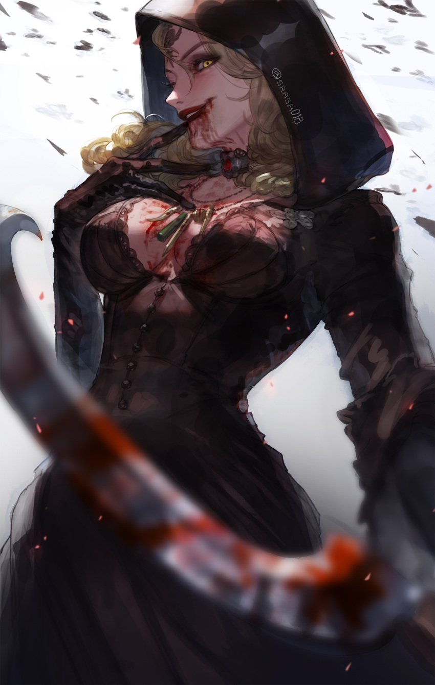 1girl, absurdres, black_dress, black_gloves, blonde_hair, blood, blood_from_mouth, breasts