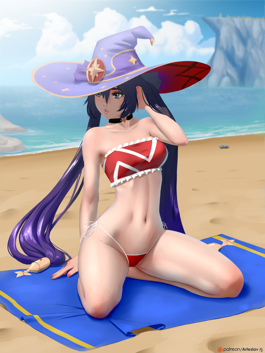 1girl, absurdres, arteslav, bandeau, bare_shoulders, barefoot, beach, beach_towel
