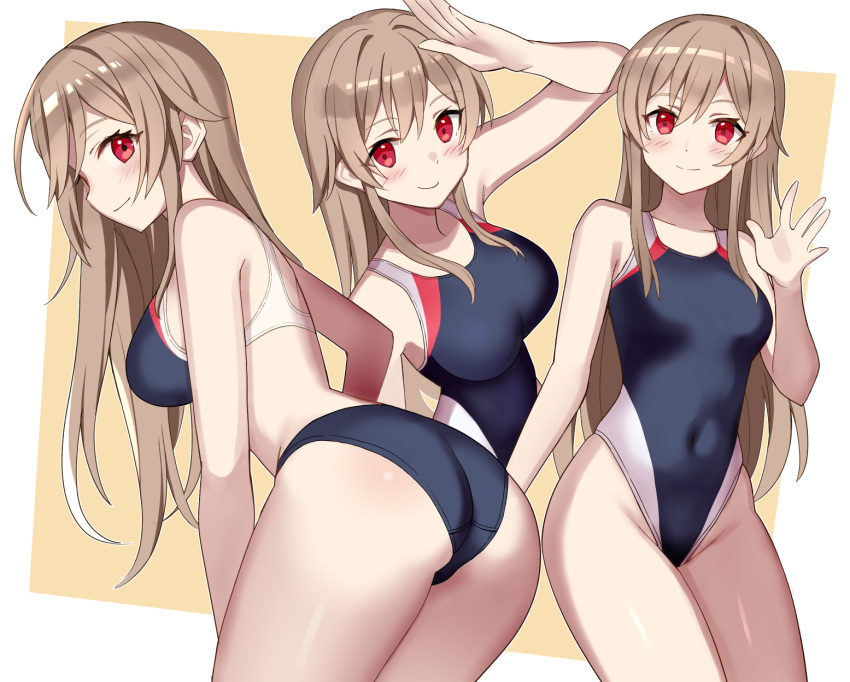 1girl, arm_up, ass, bangs, bare_arms, bare_shoulders, black_swimsuit, blush, breasts, brown_background, brown_hair, closed_mouth, collarbone, competition_swimsuit, covered_navel, eyebrows_visible_through_hair, furen_e_lustario, glastonbury1966, hair_between_eyes, highres, long_hair, looking_at_viewer, medium_breasts, multiple_views, nijisanji, one-piece_swimsuit, red_eyes, smile, swimsuit, two-tone_background, very_long_hair, virtual_youtuber, white_background