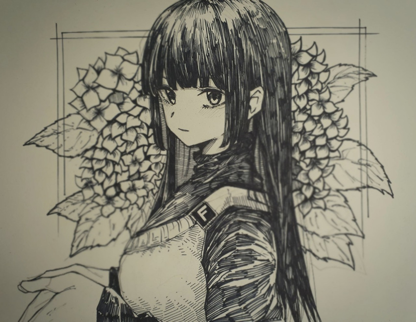 1girl, bangs, blunt_bangs, blurry, commentary, depth_of_field, english_commentary, flower, from_side, fru_(fru69923366), greyscale, hands_together, hands_up, hatching_(texture), hydrangea, long_hair, long_sleeves, looking_at_viewer, looking_to_the_side, monochrome, original, parted_lips, photo_(medium), solo, sweater_vest, traditional_media, turtleneck, upper_body
