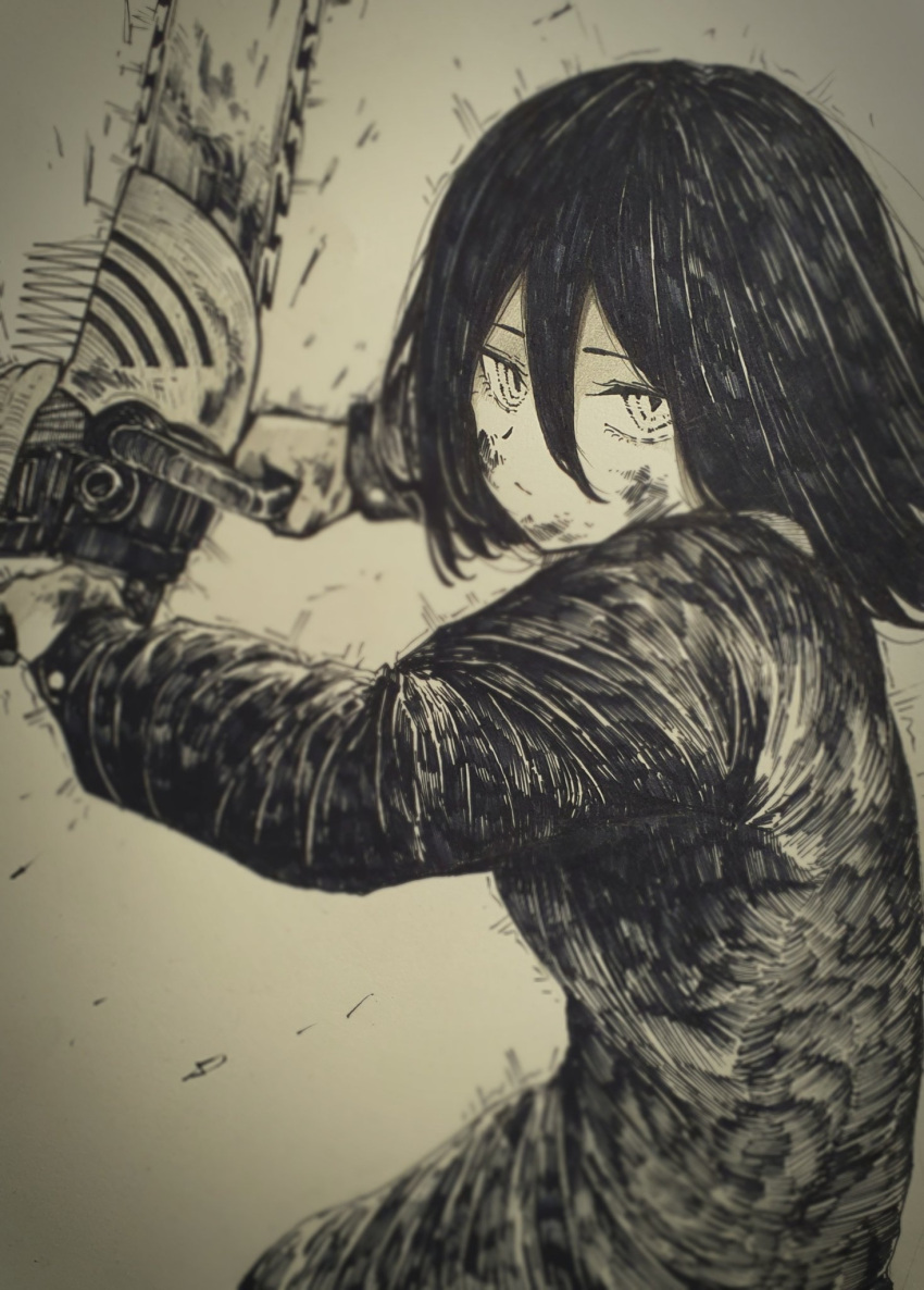 1girl, blurry, chainsaw, chainsaw_man, closed_mouth, commentary, denji_(chainsaw_man), depth_of_field, dirty, dirty_face, dual_wielding, fru_(fru69923366), greyscale, hair_between_eyes, hands_up, hatching_(texture), highres, holding, holding_chainsaw, long_sleeves, looking_at_viewer, medium_hair, monochrome, nayuta_(chainsaw_man), photo_(medium), sharp_teeth, shirt, slit_pupils, solo, teeth, tongue, tongue_out, traditional_media